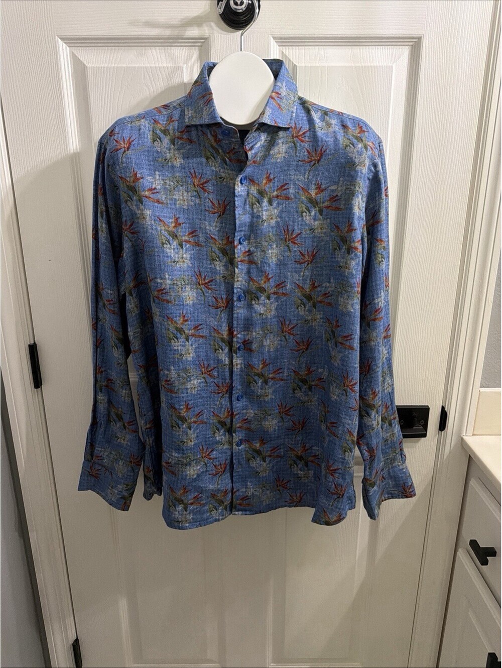 Cremieux size Large blue floral long sleeve linen button up shirt mens LN